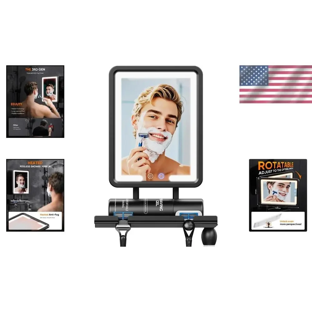 Fogless Shower Mirror Heating Light Shaving Mirror with Razor Holder Large 9.5*8